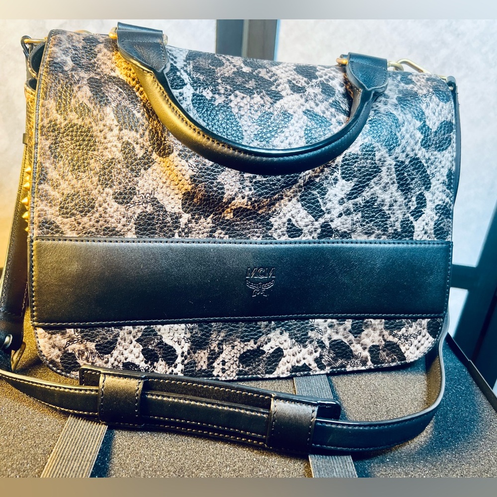 MCM RARE Black and Gray Leopard Messenger gold studded top handle Crossbody Bag